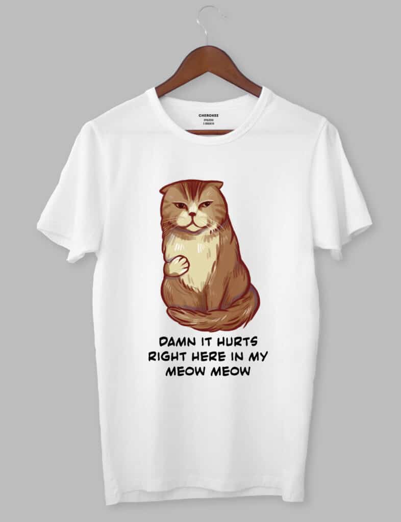 Крута футболка з прикольним принтом  “DAMN IT HURTS RIGHT HERE IN MY MEOW MEOW”