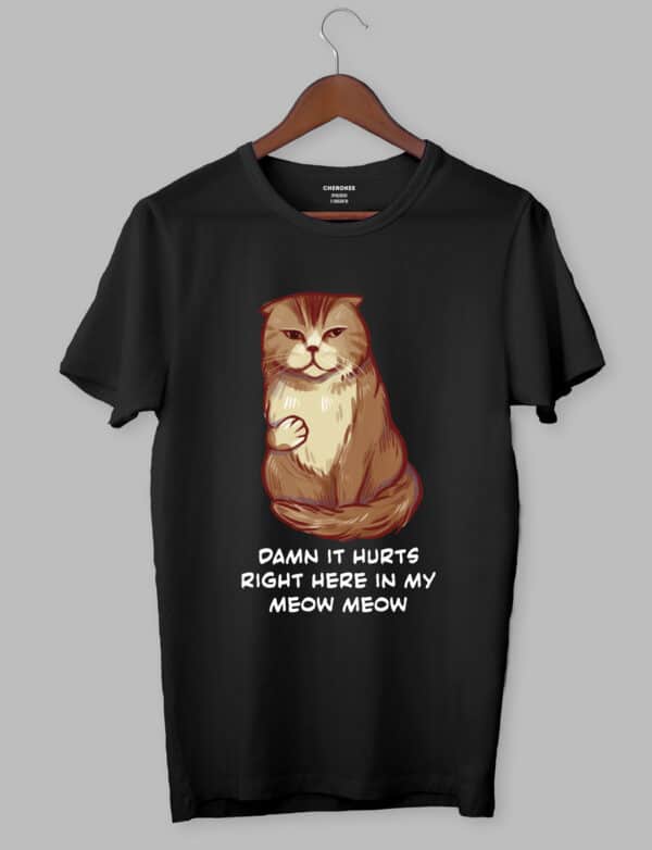 Крута футболка з прикольним принтом "DAMN IT HURTS RIGHT HERE IN MY MEOW MEOW"