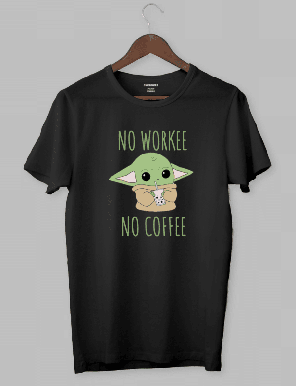 Футболка з принтом Бейбі Йода "NO WORKEE NO COFFEE"