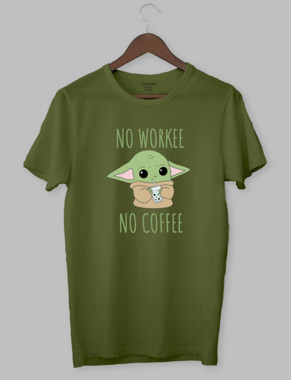 Футболка з принтом Бейбі Йода "NO WORKEE NO COFFEE"