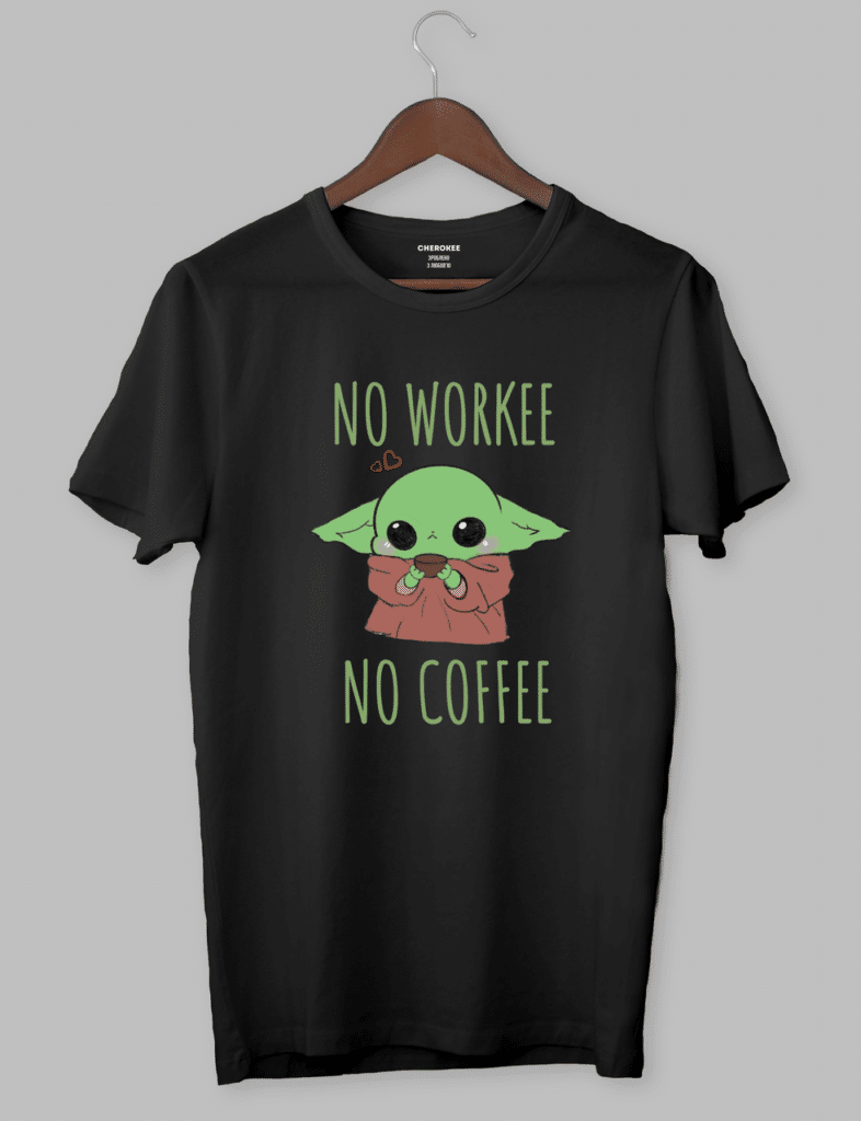 Футболка з принтом Бейбі Йода “no WORKEE | no COFFEE”