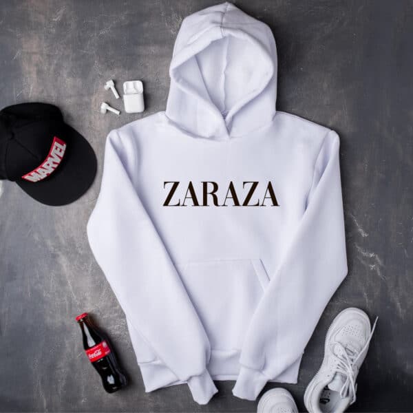 Білий худі з чорним написом "Zaraza"